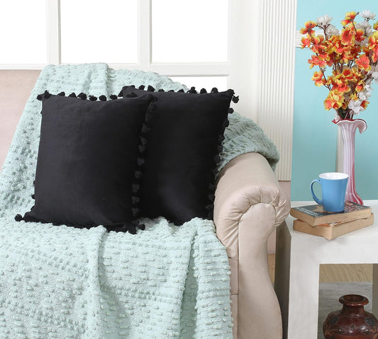 Velvet Tassel Fringe Pillow Covers – Black 12x12 Inch (2-Pack) Wholesale