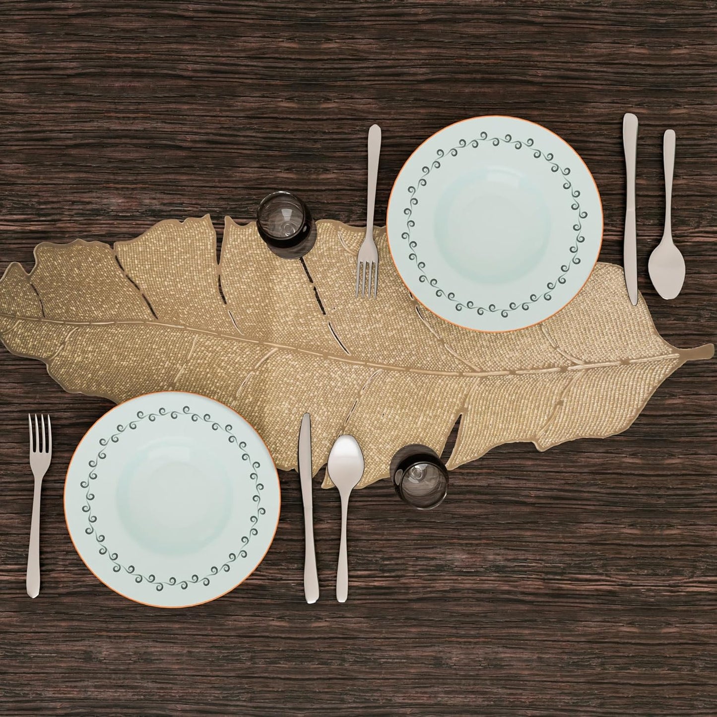 Table Runner – Leather, Golden Leaf Design – 92x34 cm