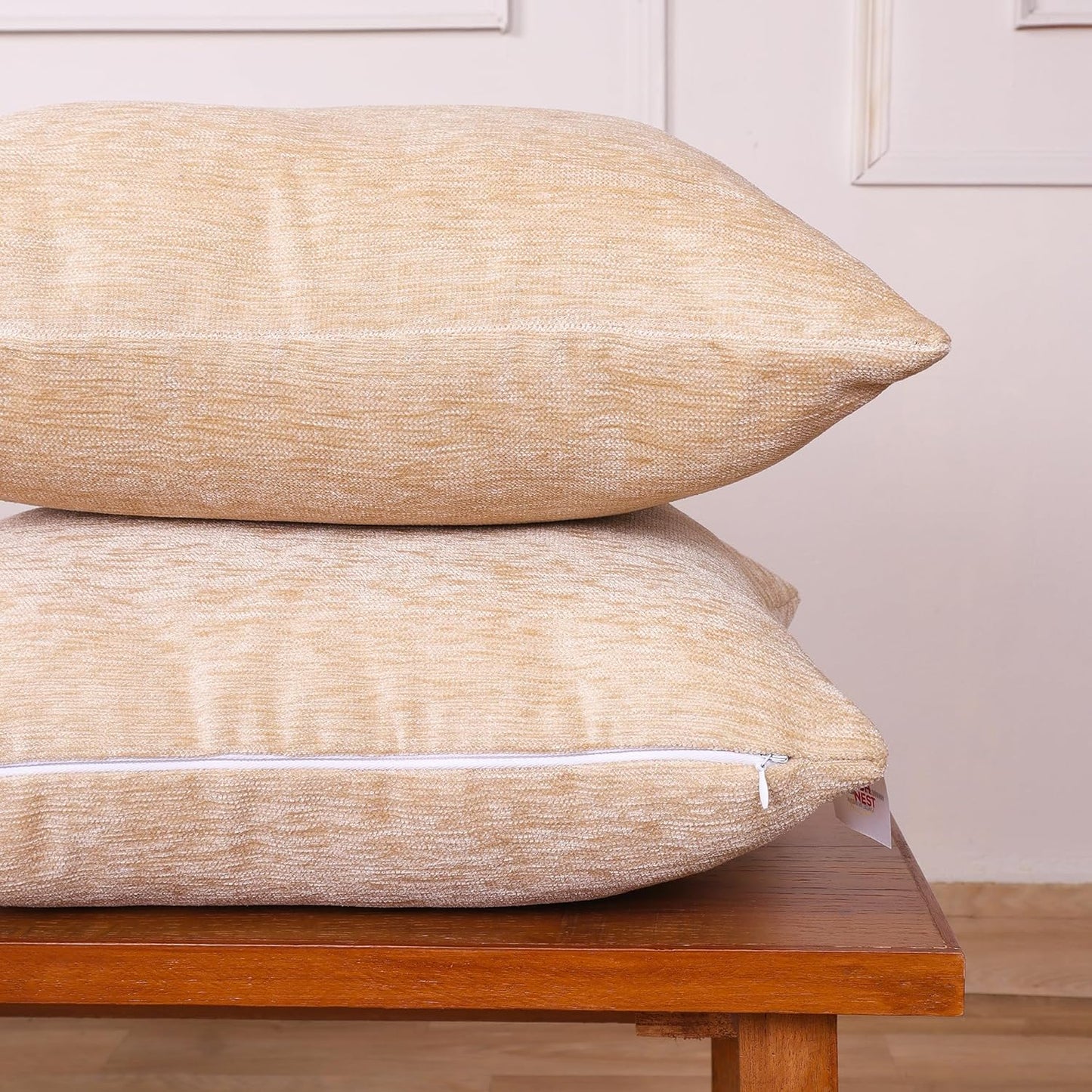 Chenille Cushion Covers – Textured, Durable & Washable – 16x16 Inch, Set of 2 (Light Beige)