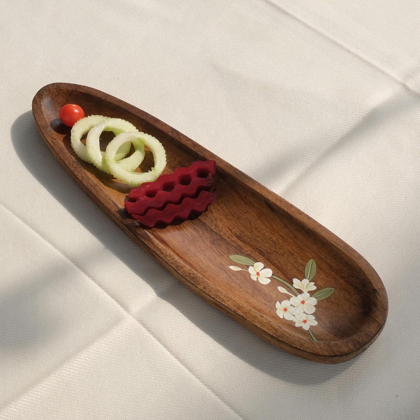 Handpainted Serving Platter – Rectangular Tray – Solid Mango Wood, Tropical Floral – 14.25x4.25x0.6 in