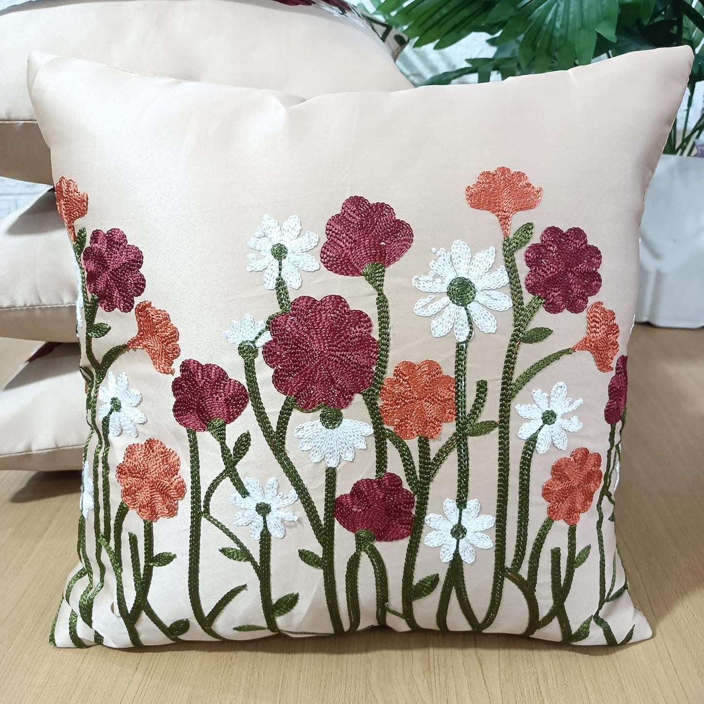 Set of 5- Decorative Accent Shams – Satin Finish, Floral Stitchwork – 16x16 In
