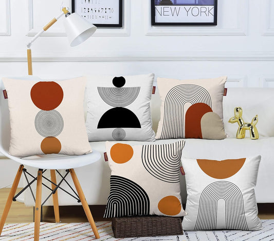 Cushion Covers – Geometric Cotton Digital Print, Hand Stitched – 16x16 Inch, Set of 5