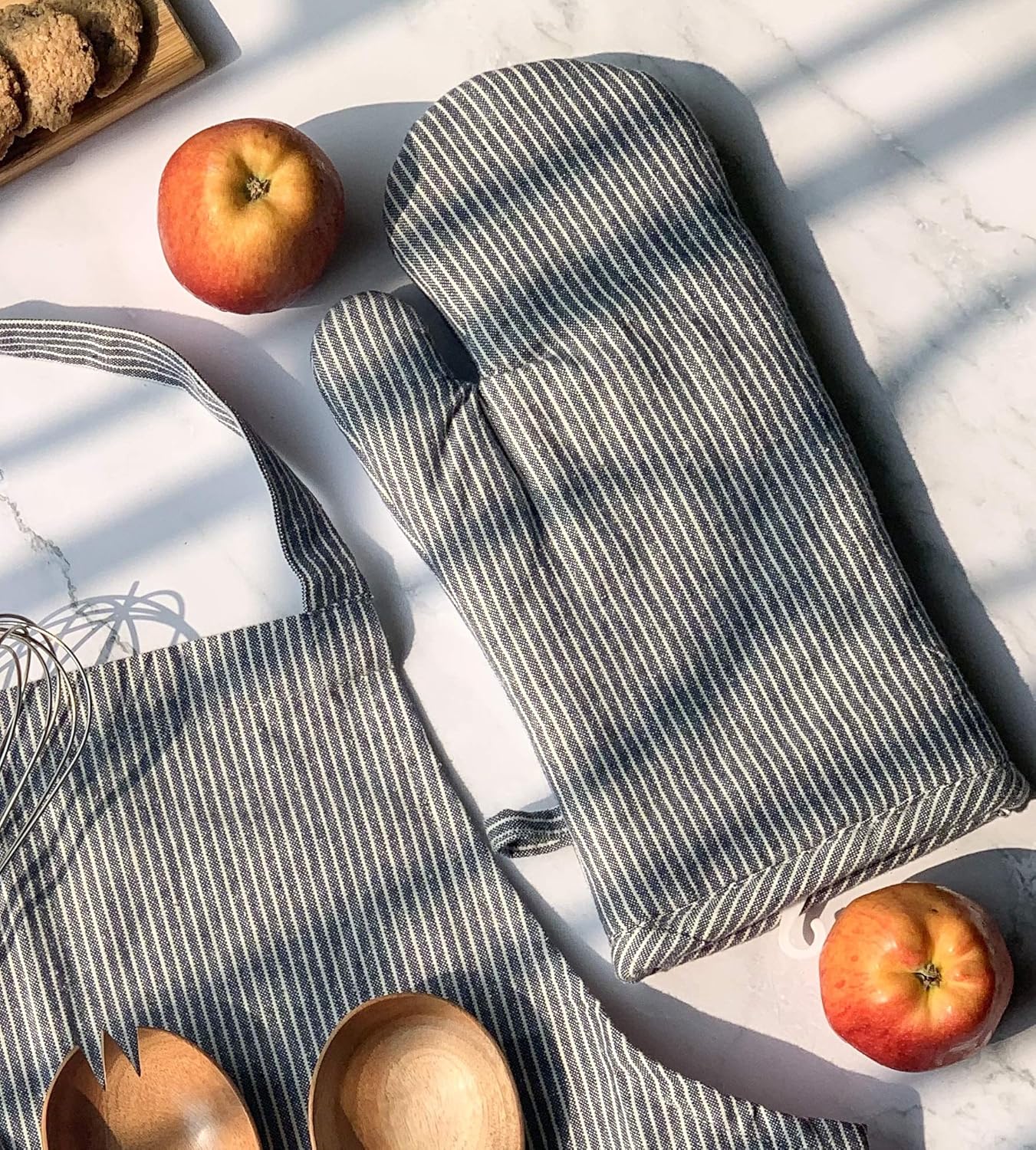Cotton Oven Mitt – Durable Heat Resistant Glove Set – Grey Pin Stripe Cotton – 12x8in, 2-Pack