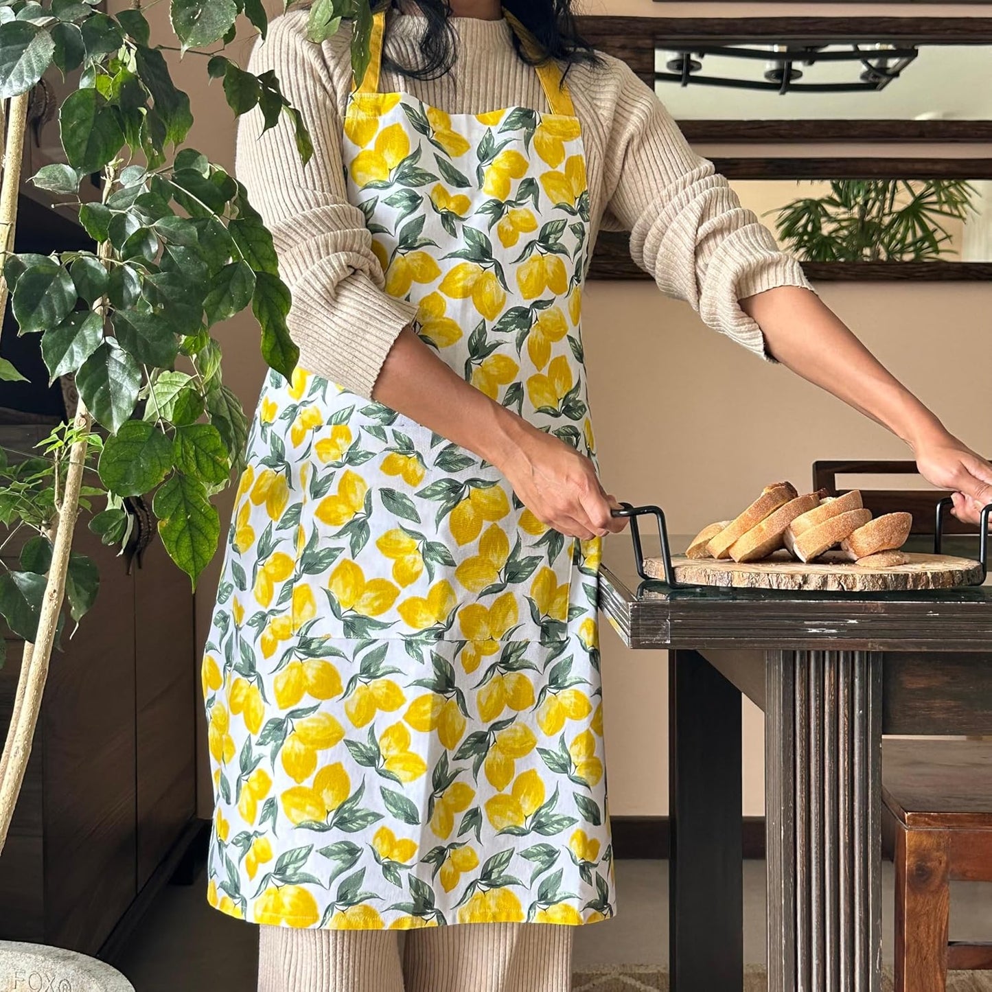 Lemon Print Apron, Mittens & Pot Holders Set – 100% Cotton – European Quality – 3-Piece