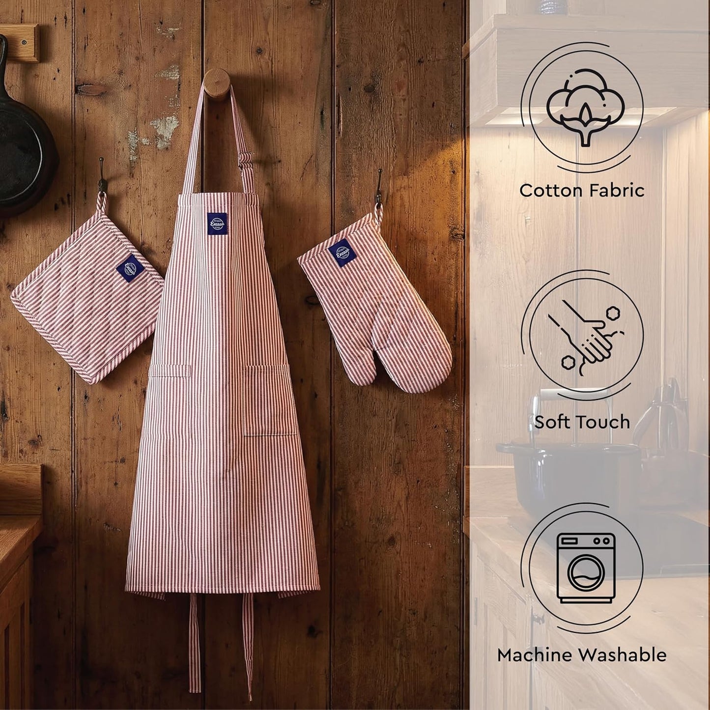 Kitchen Apron, Oven Glove & Potholder Set – Culinary Textiles – 100% Cotton, Heat Resistant – 3 Pcs