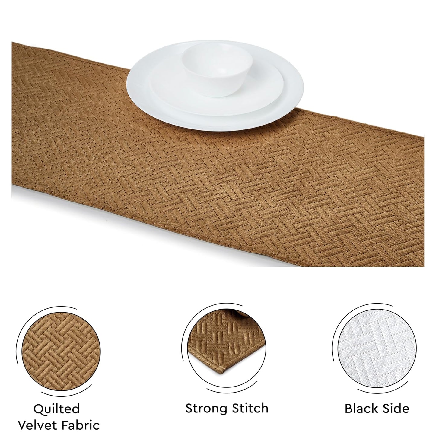 Dining Table Runner – Quilted Velvet – 32x150 cm – Brown – Bulk