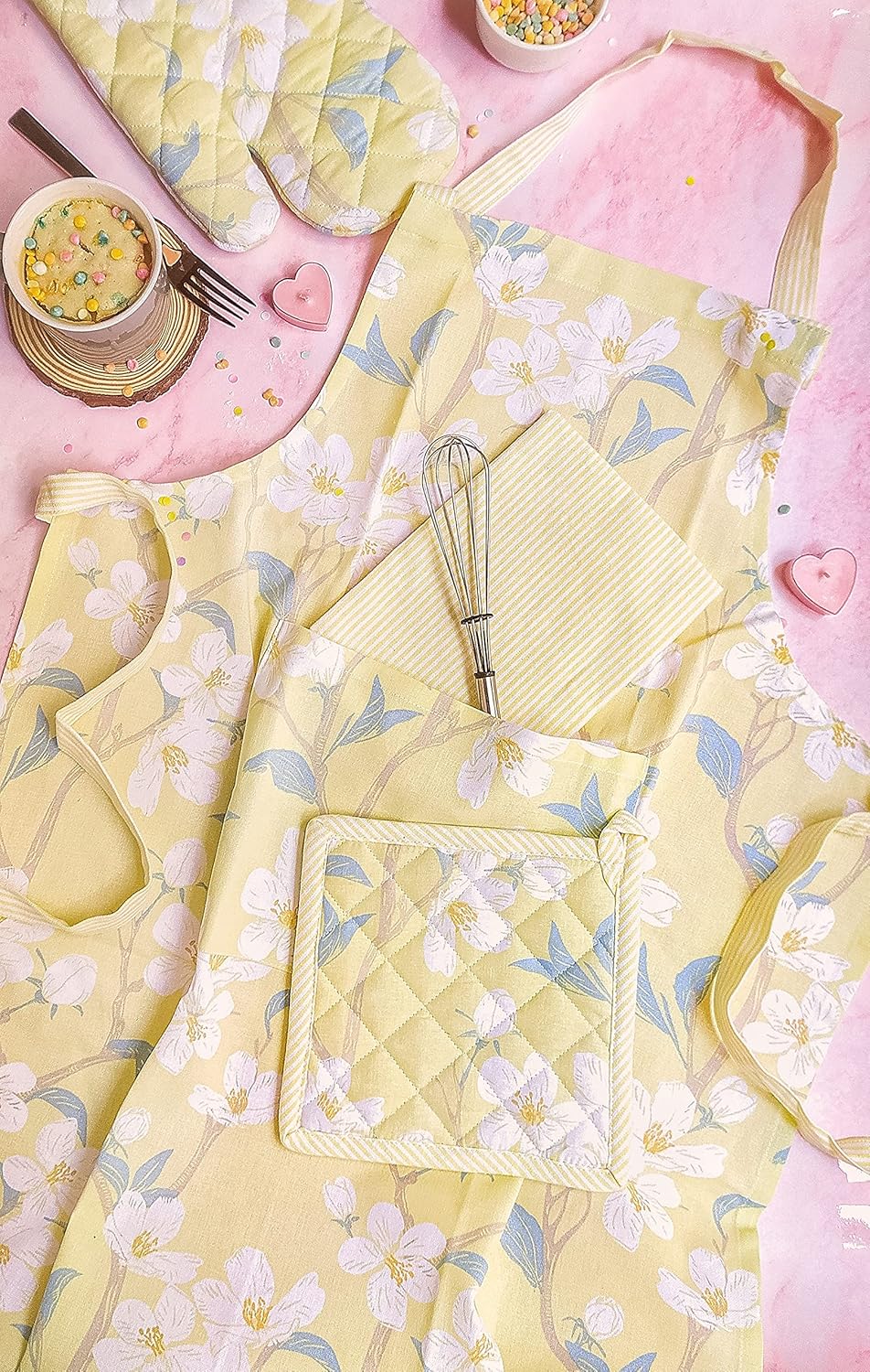 Printed Apron, Oven Mitt, Pot Holder & Kitchen Towel Set – 100% Cotton – Cherry Blossom Print – 4-Piece