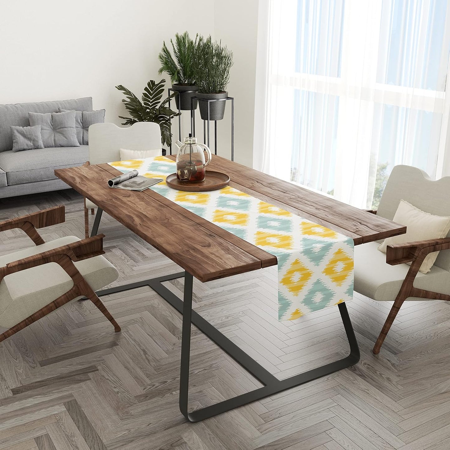 Wholesale Ikat Poly Cotton Table & Bed Runner – Yellow Teal Print – 13x60 Inch