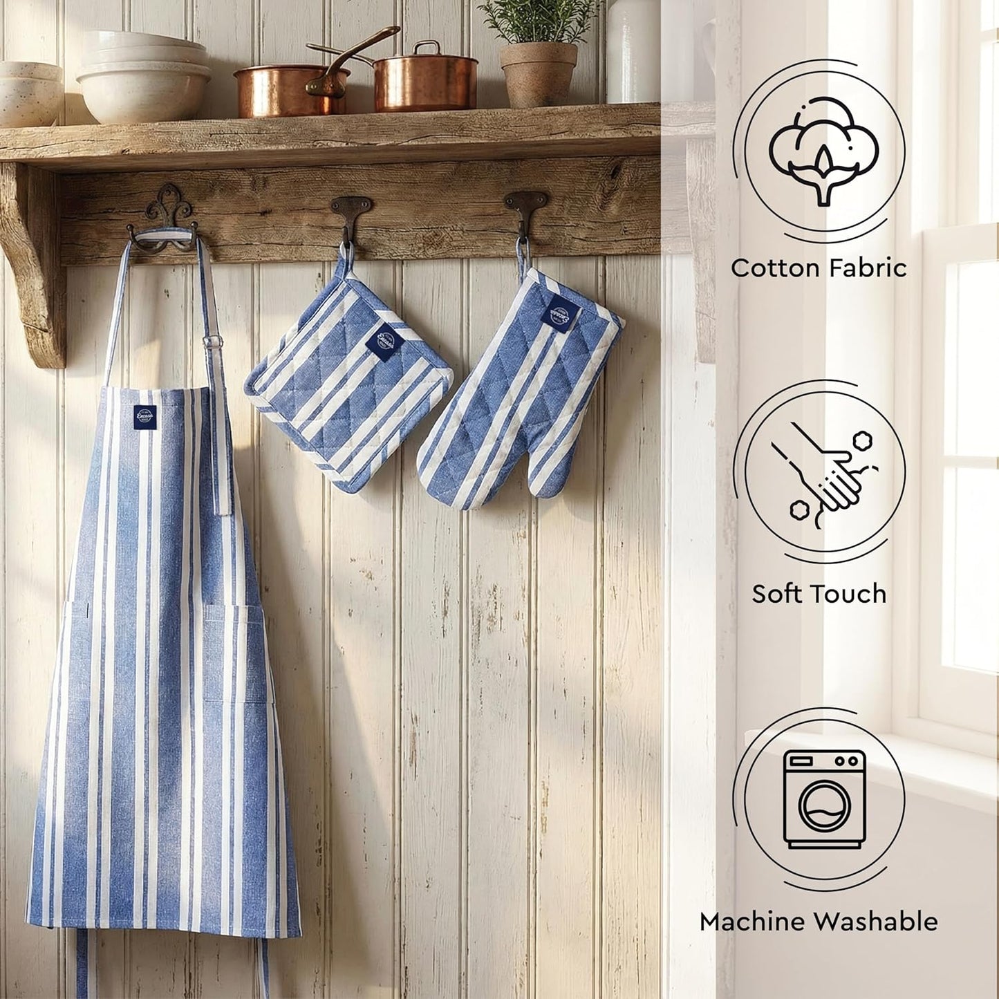 Kitchen Apron Set – Cooking Combo – 100% Cotton Heat Resistant – 3 Pcs Set