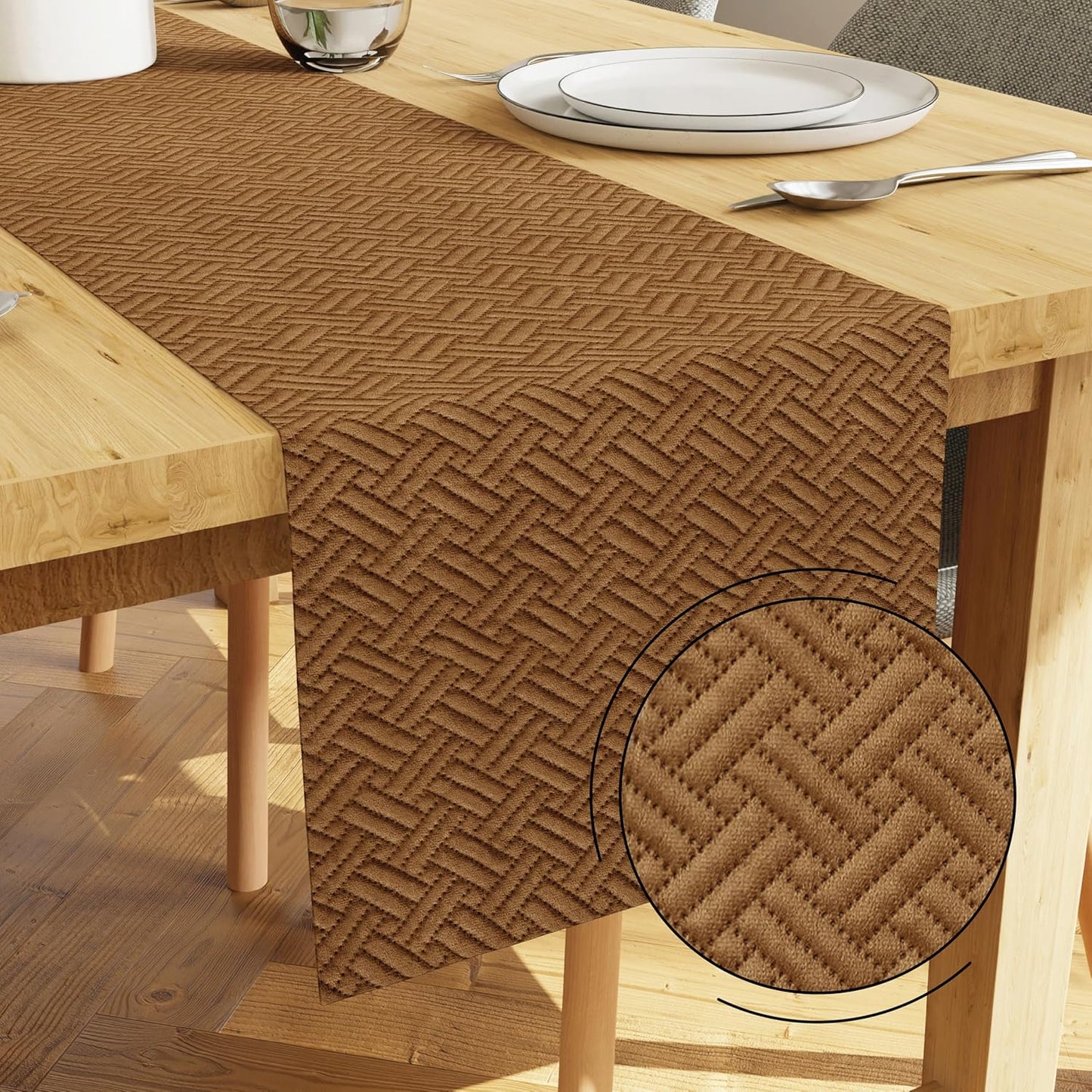 Dining Table Runner – Quilted Velvet – 32x150 cm – Brown – Bulk