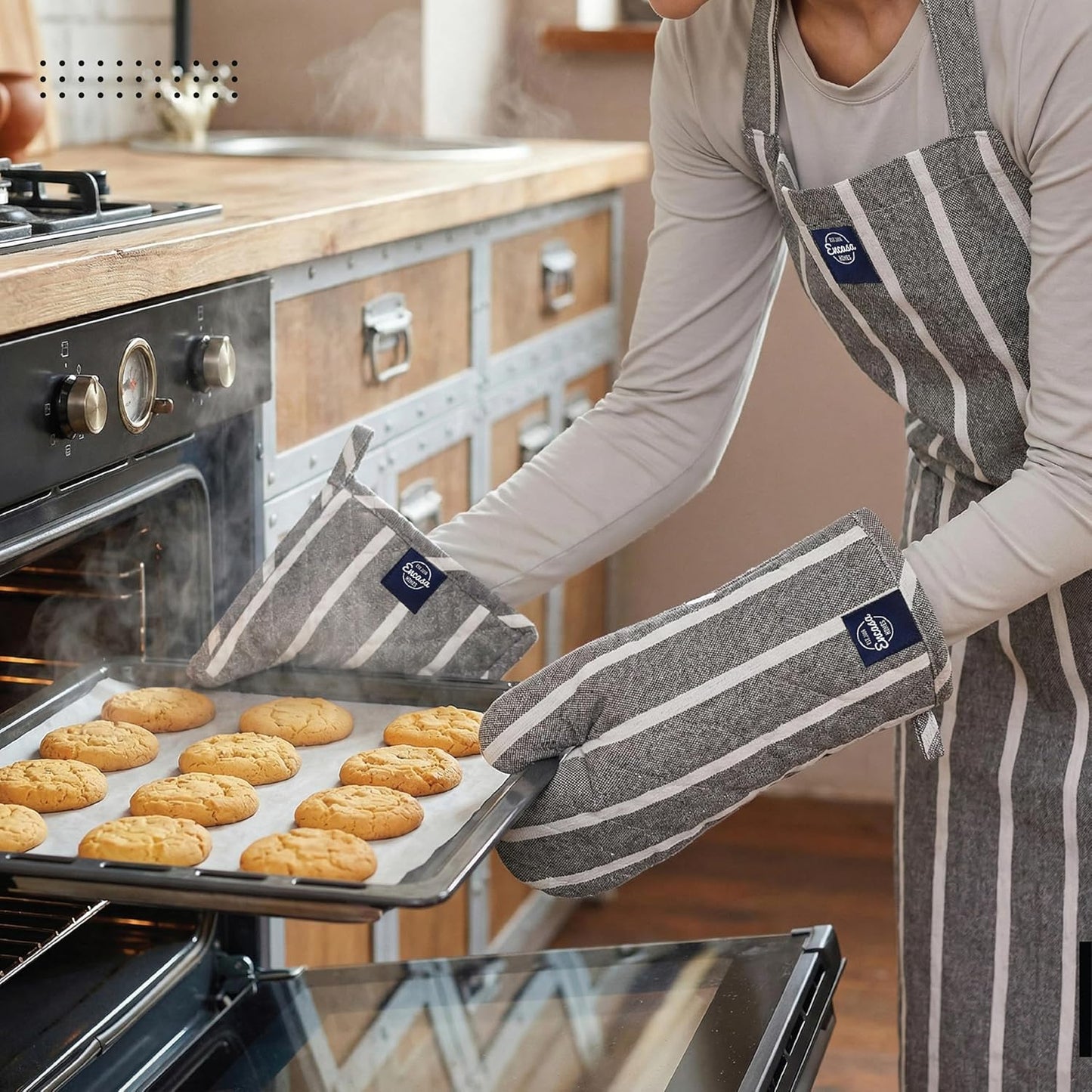 Kitchen Apron Set – 3-Piece Culinary Linen Combo – 100% Cotton, Heat Resistant – Roma Grey Stripes
