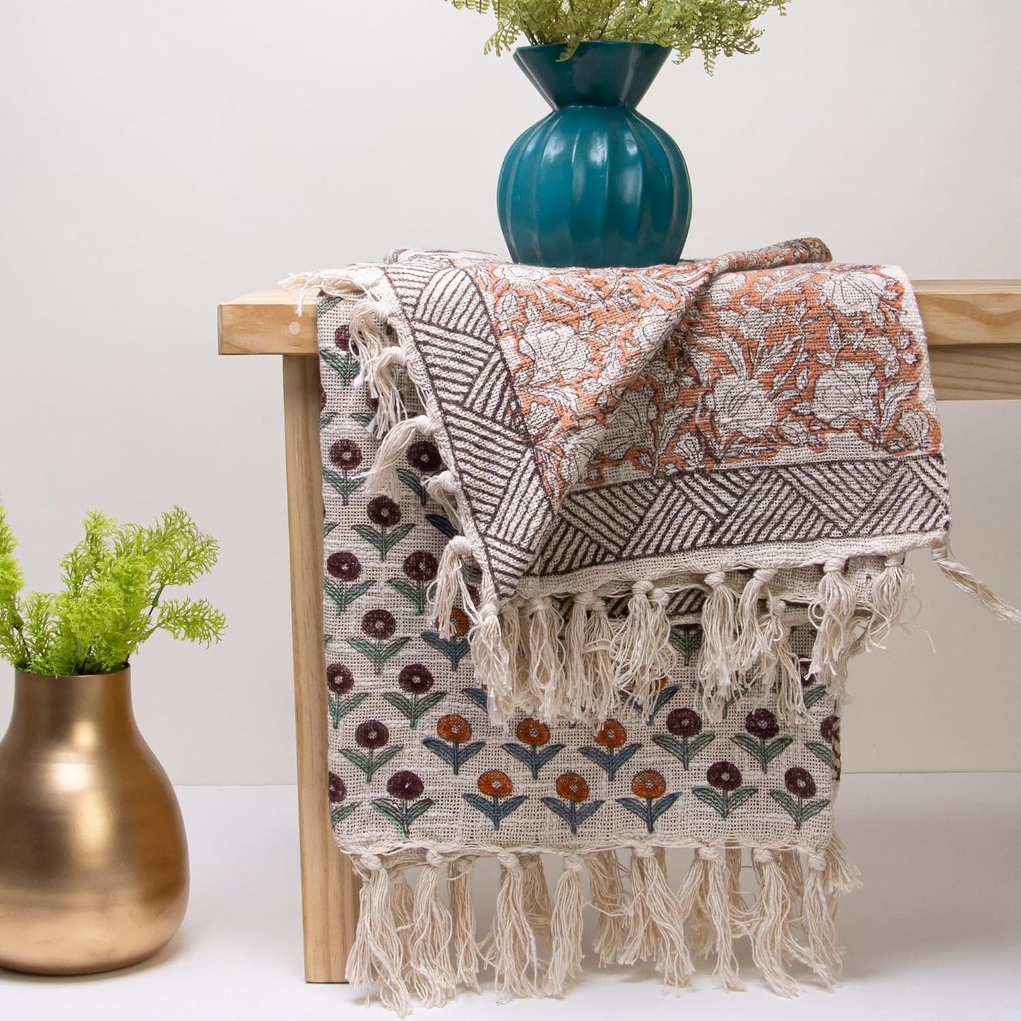 Hand Printed Throw Blanket – Reversible Cotton Bedspread – 50x70 in – Double-Sided Design