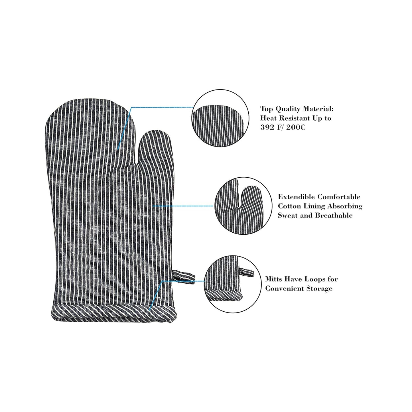 Cotton Oven Mitt – Durable Heat Resistant Glove Set – Grey Pin Stripe Cotton – 12x8in, 2-Pack