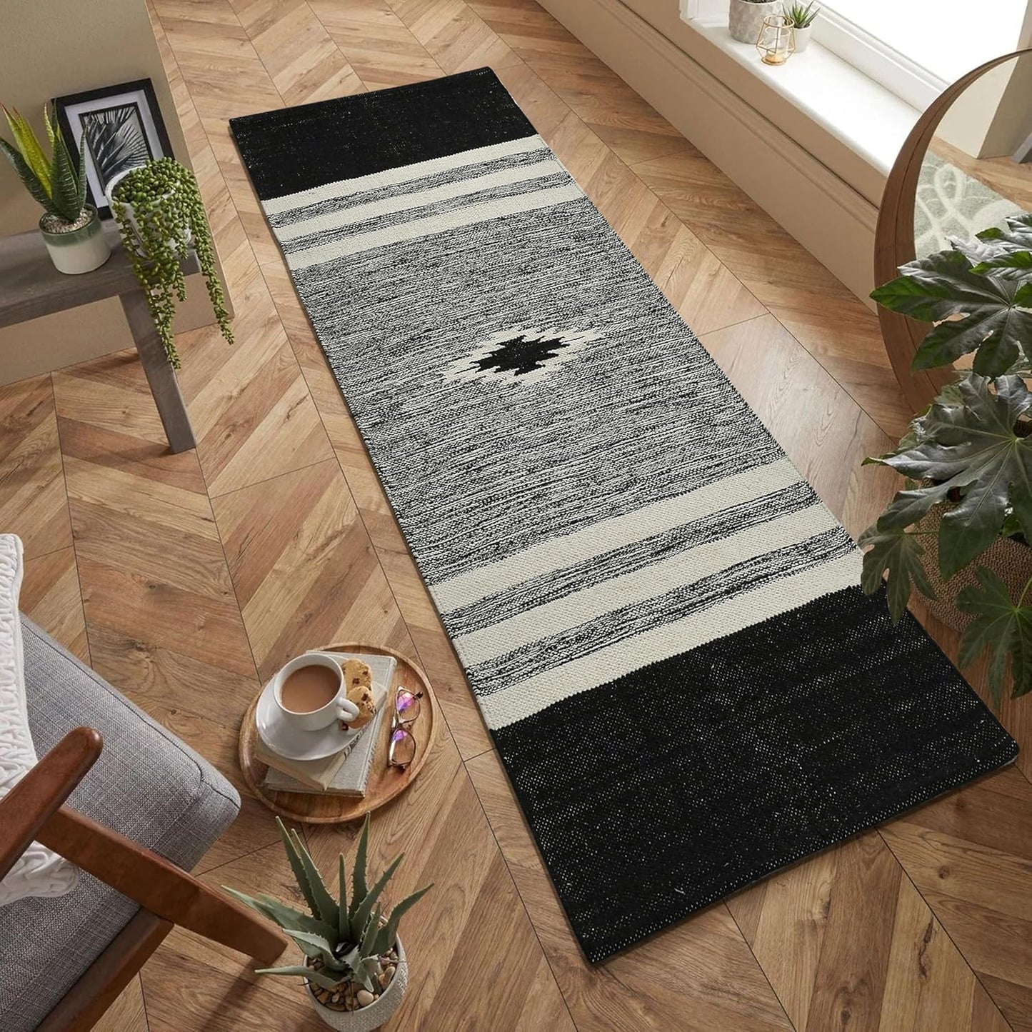 Hand-Woven Cotton Rug Runner – Natural Organic, Black – 2x5 ft (60x152 cm)
