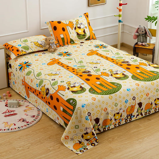 Kids Double Bed Sheet Set - 180 TC Microfiber - Baby Animals Print, 2 Pillow Covers