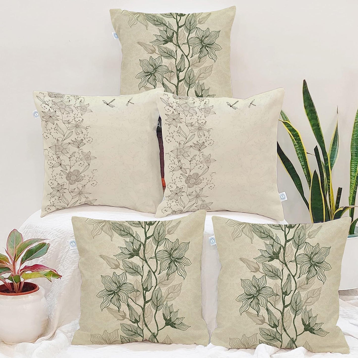 Cushion Covers – Polycotton Botanical Print – Set of 5, 18x18 Inches
