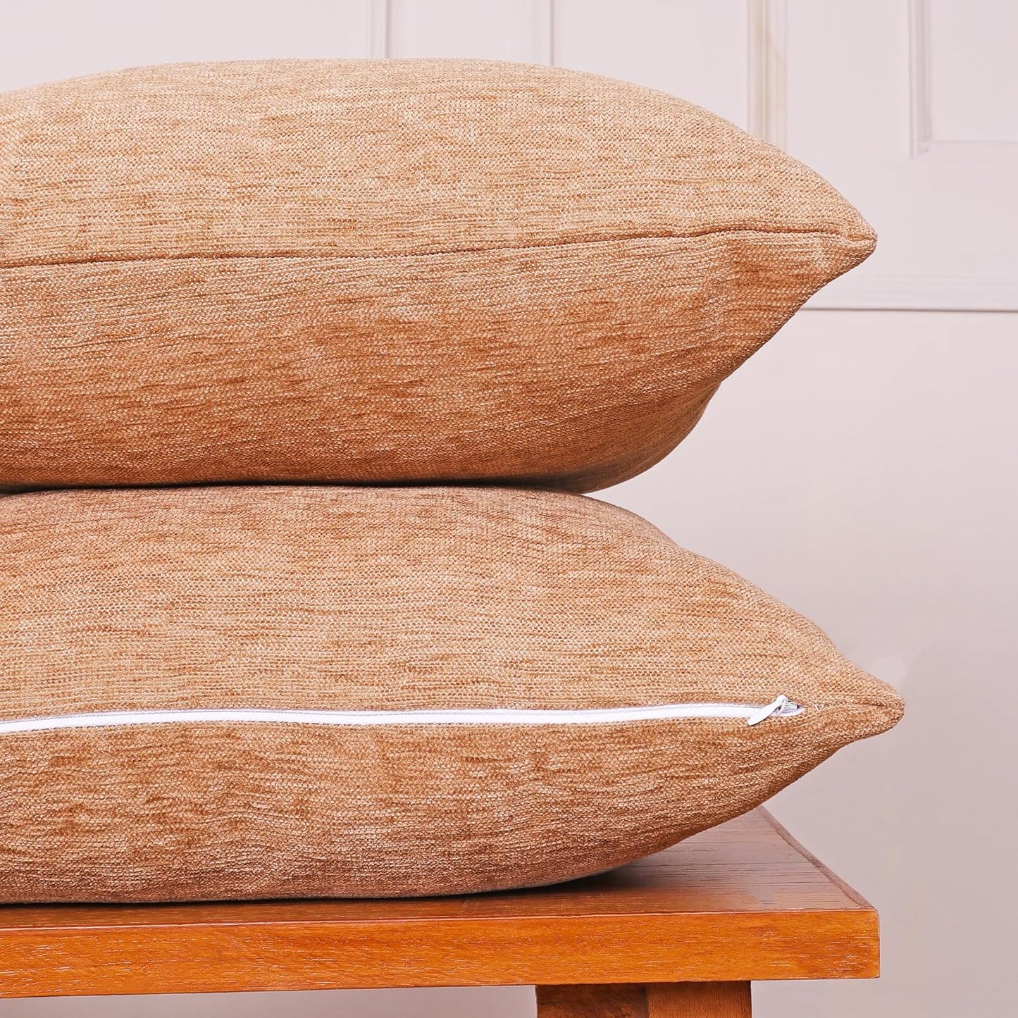 Cushion Covers – Chenille Velvet-Feel Textured – 16x16 Inch Set of 2, Dark Beige