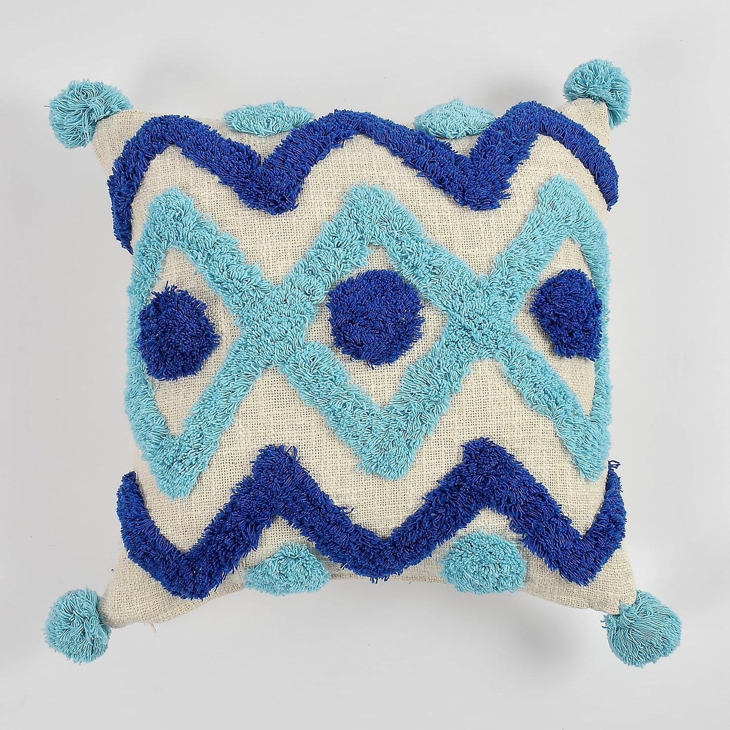 Decorative Throw Cushion Cover – Tufted Geometric Pom Pom – 16x16 Inch, 1 Piece