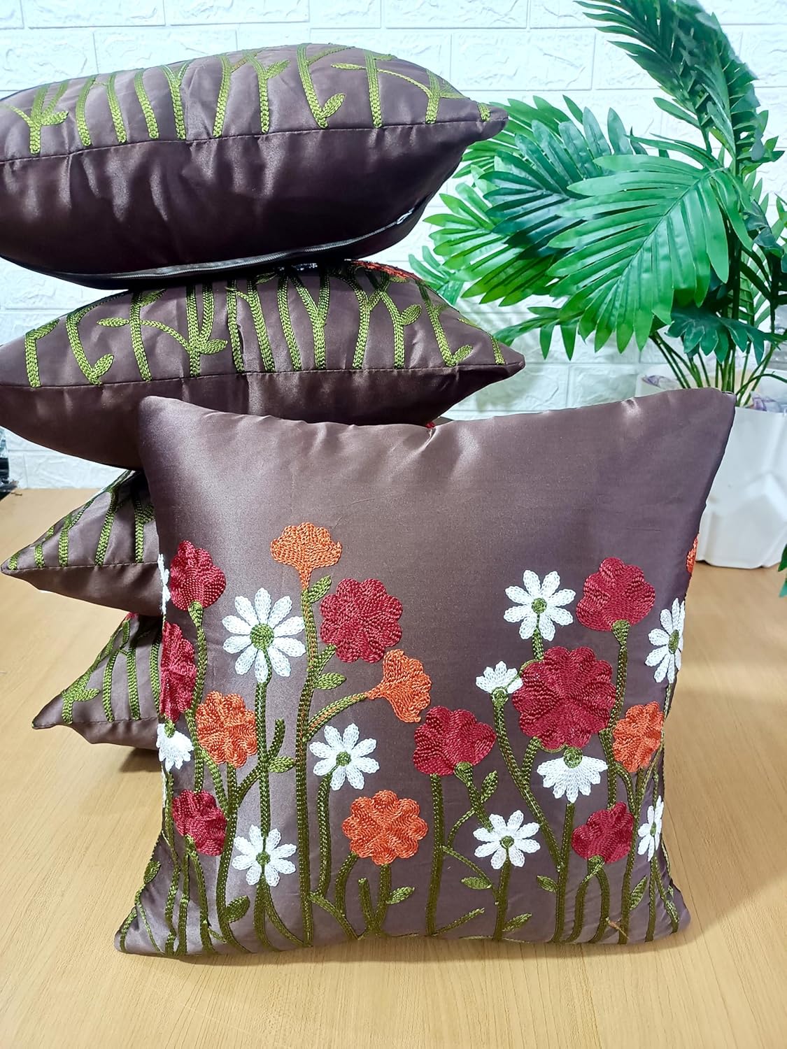 Set of 5- Decorative Accent Shams – Satin Finish, Floral Stitchwork – 16x16 In