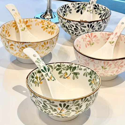 4PCS Floral Ceramic Bowls – Versatile for Soup, Dessert, Fruits, Appetizers