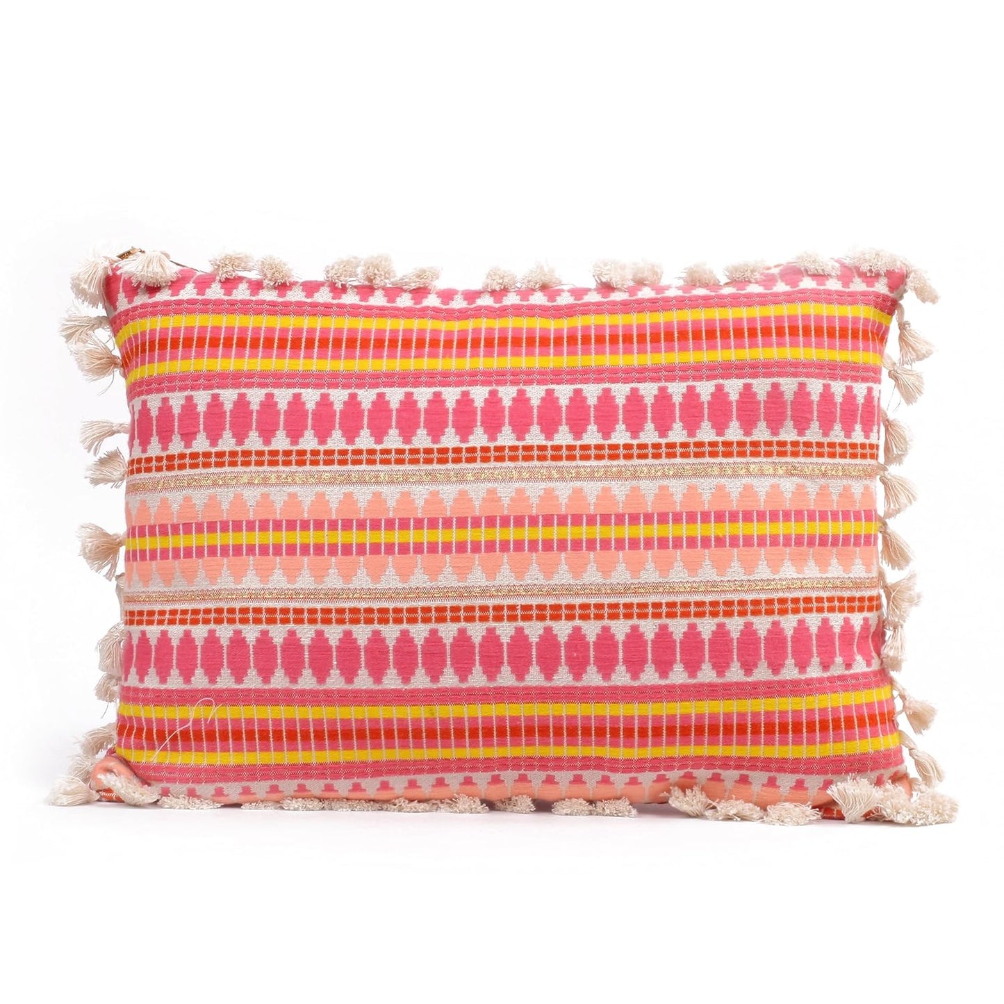 Wholesale Geometric Pink Cushion Covers – Woven Fabric, Tassels – 12x18 Inch, Set of 2