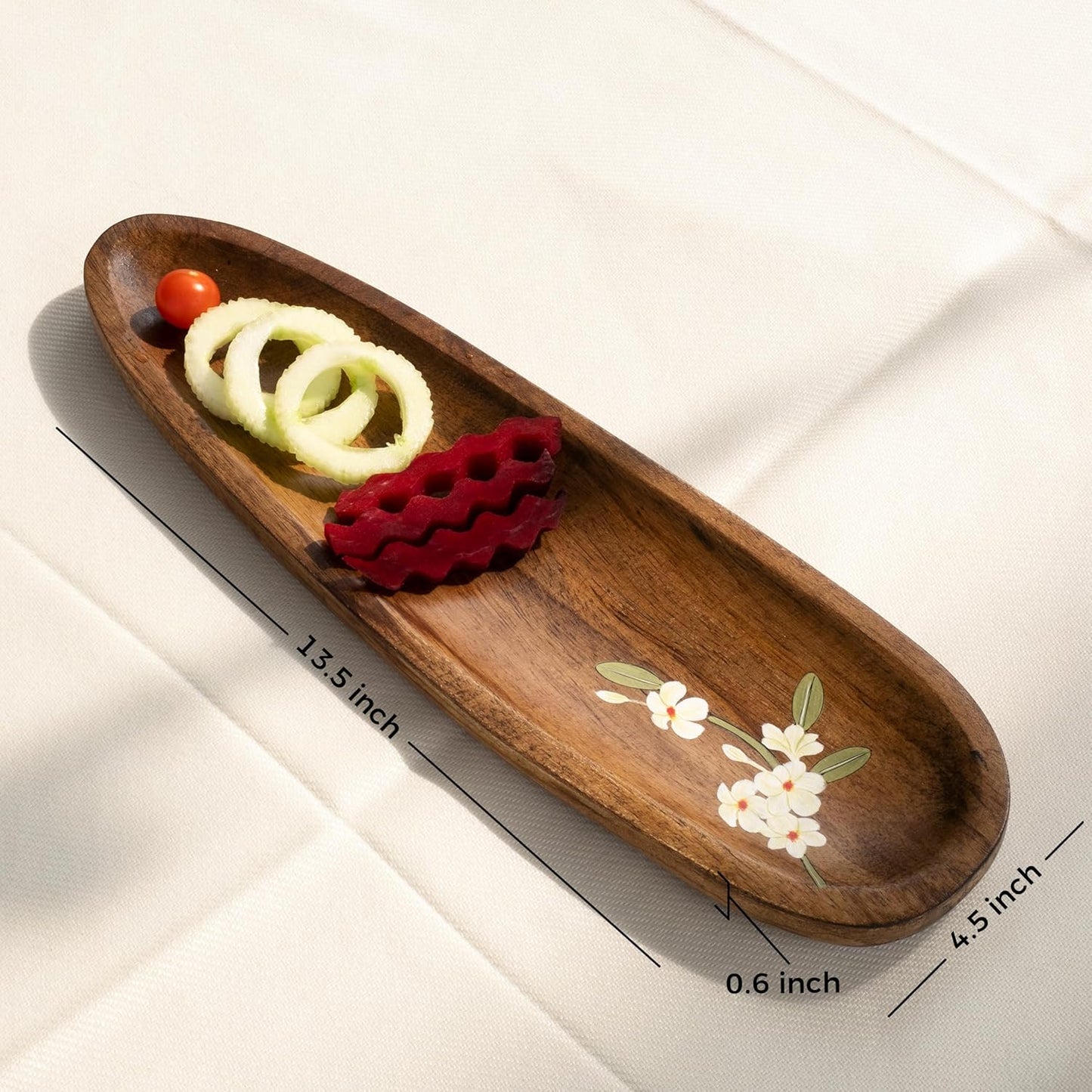 Handpainted Serving Platter – Rectangular Tray – Solid Mango Wood, Tropical Floral – 14.25x4.25x0.6 in