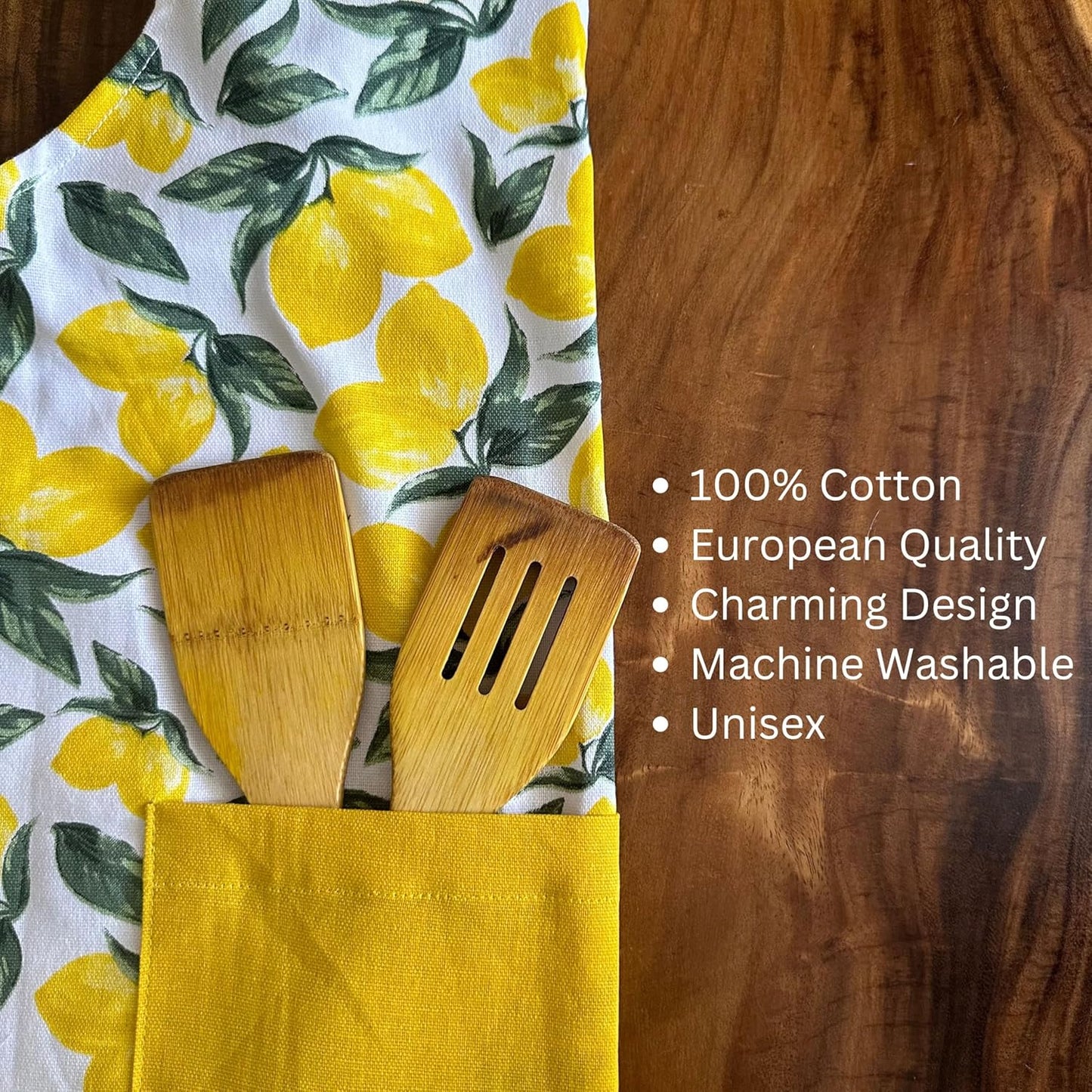 Lemon Print Apron, Mittens & Pot Holders Set – 100% Cotton – European Quality – 3-Piece