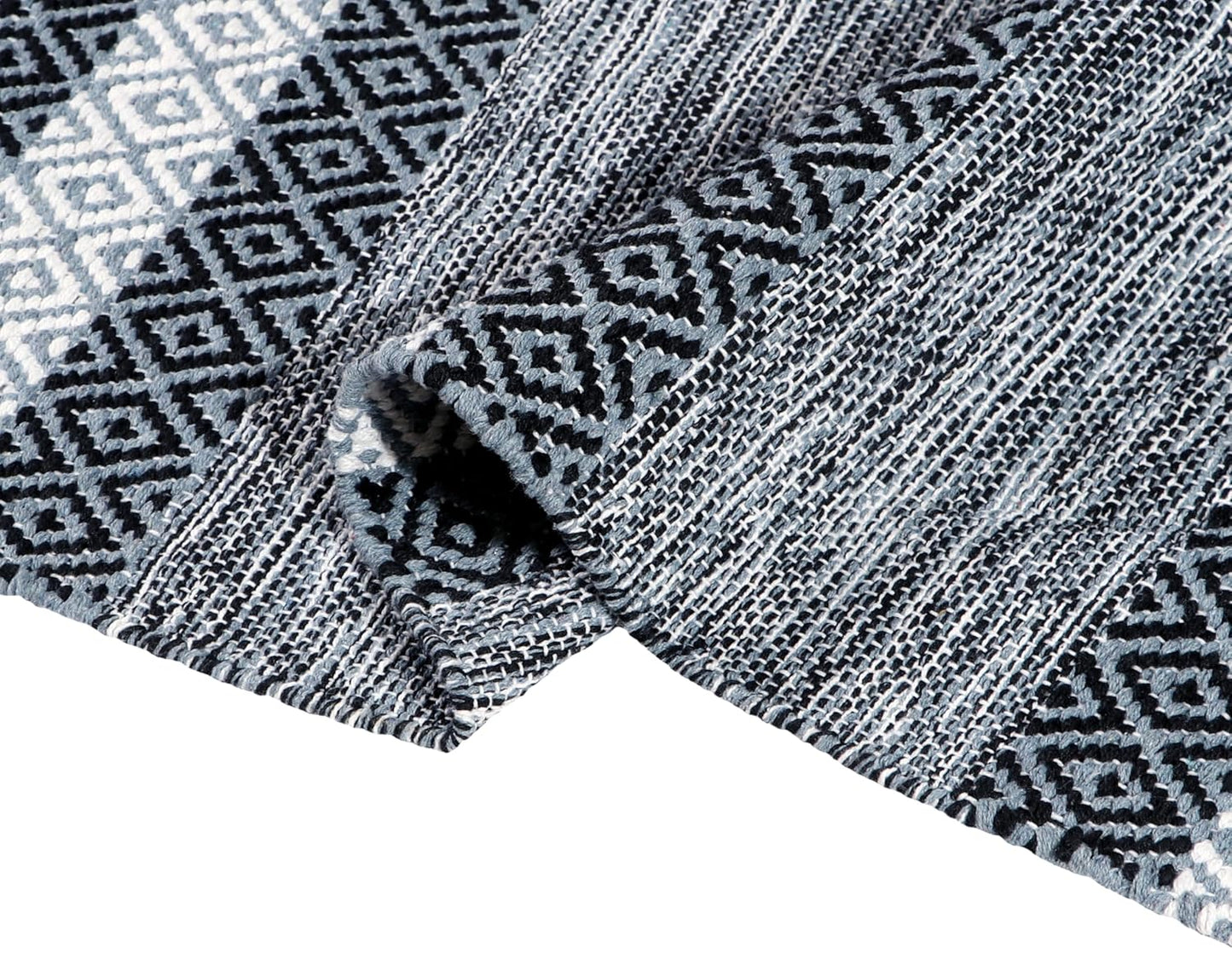 Cotton Floor Runner – Hand Woven Organic – 2x5 ft (60x152 cm) – Grey Diamond Pattern