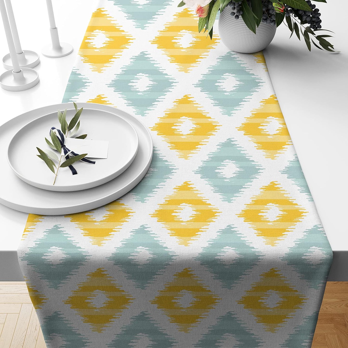 Wholesale Ikat Poly Cotton Table & Bed Runner – Yellow Teal Print – 13x60 Inch