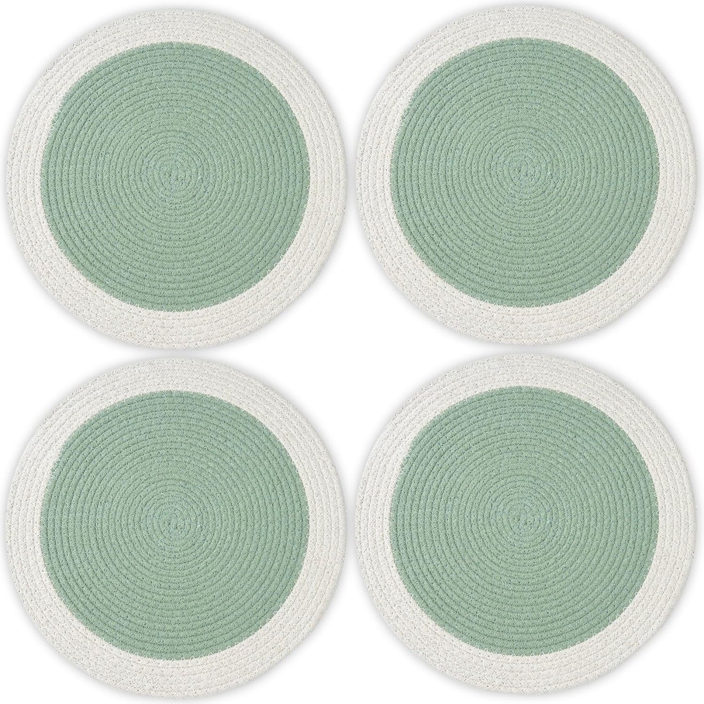 Dining Table Placemats – Cotton Ribbed, Sage/Off White – 32cm Round, Set of 4