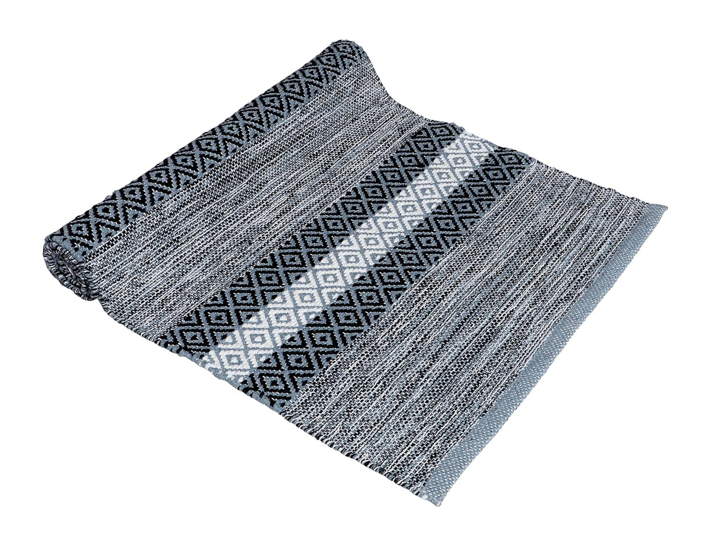 Cotton Floor Runner – Hand Woven Organic – 2x5 ft (60x152 cm) – Grey Diamond Pattern
