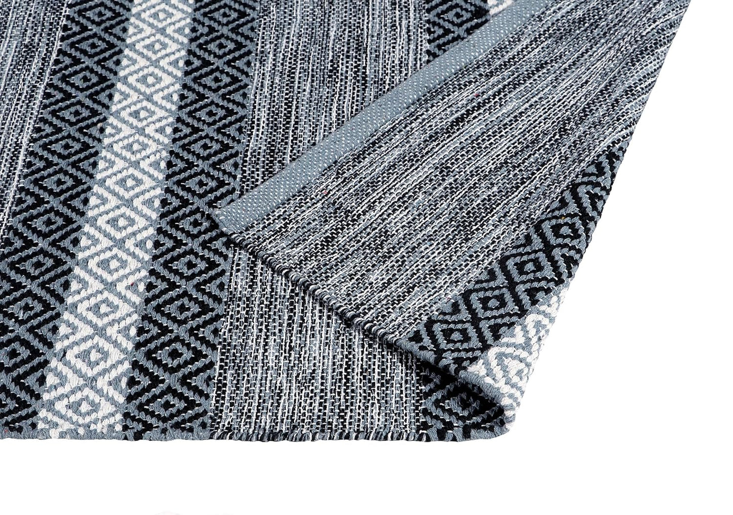 Cotton Floor Runner – Hand Woven Organic – 2x5 ft (60x152 cm) – Grey Diamond Pattern