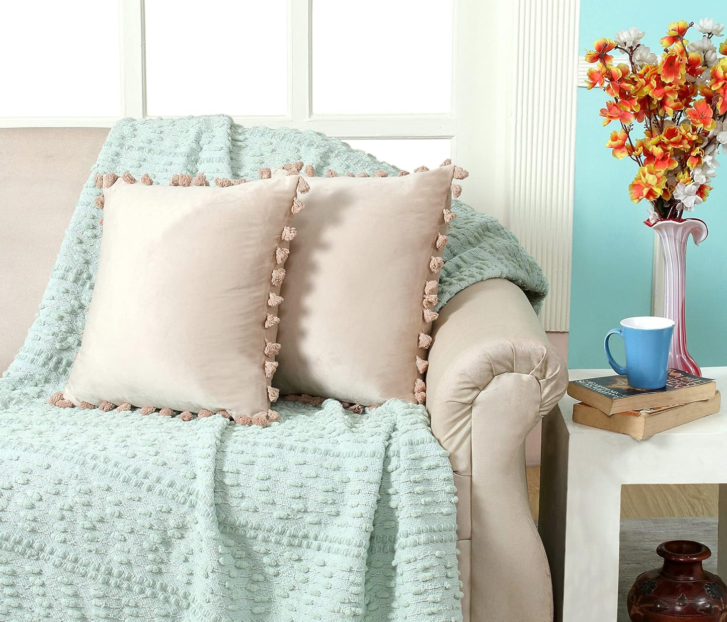 Decorative Velvet Tassel Fringe Cushion Covers – 12x12 Inch (2-Pack)