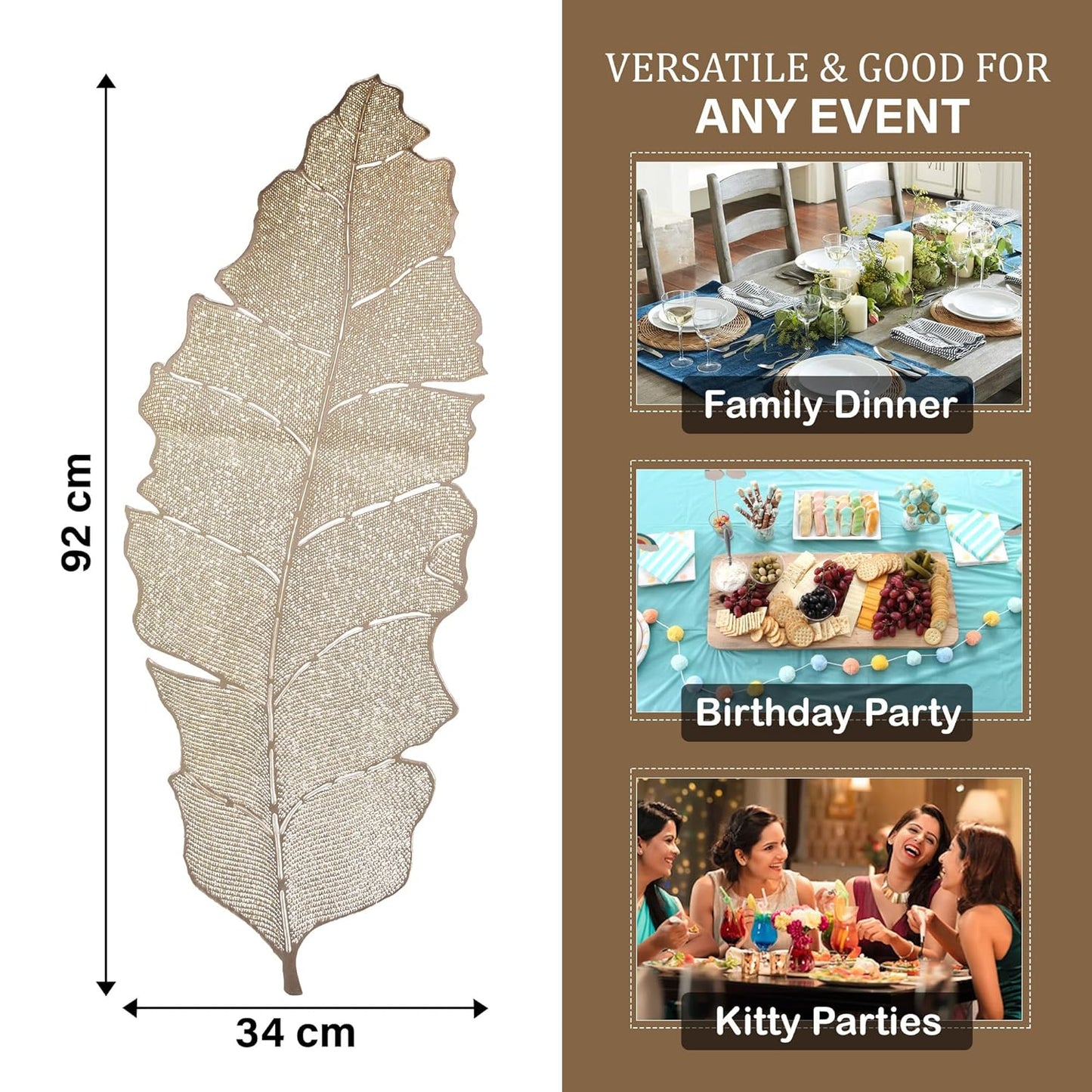 Table Runner – Leather, Golden Leaf Design – 92x34 cm