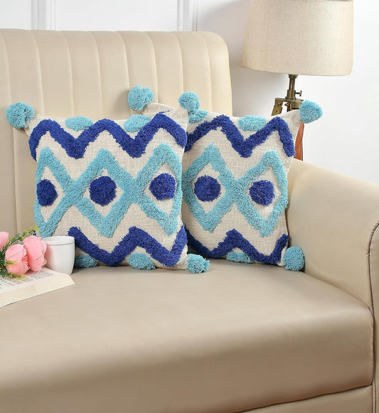 Decorative Throw Cushion Cover – Tufted Geometric Pom Pom – 16x16 Inch, 1 Piece
