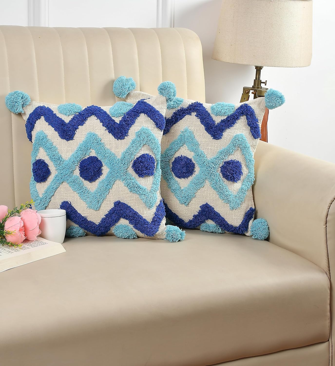 Decorative Cushion Cover – Tufted Geometric, Pom Pom Trim – 16x16 Inch, Single Unit