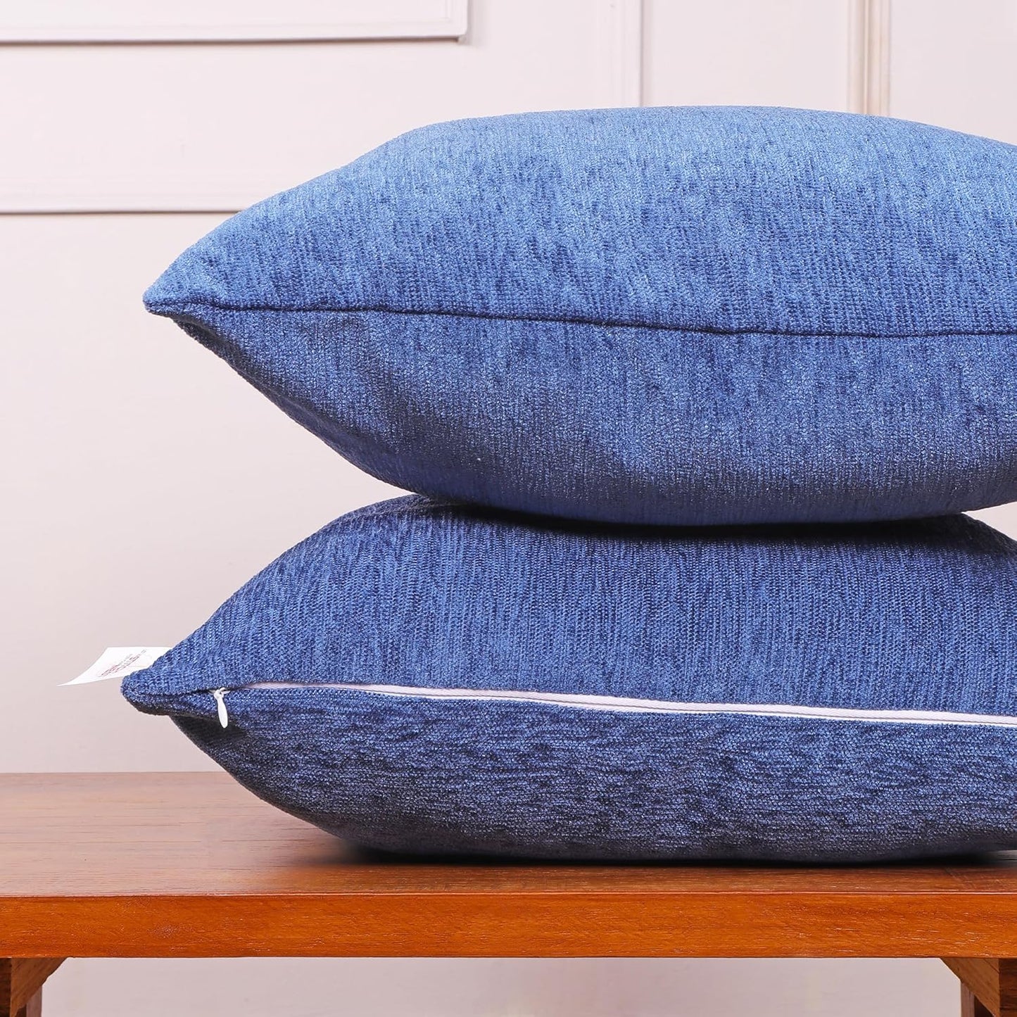 Chenille Cushion Covers – Velvet-Feel Texture – 16x16 Inches, Set of 2 (Blue)