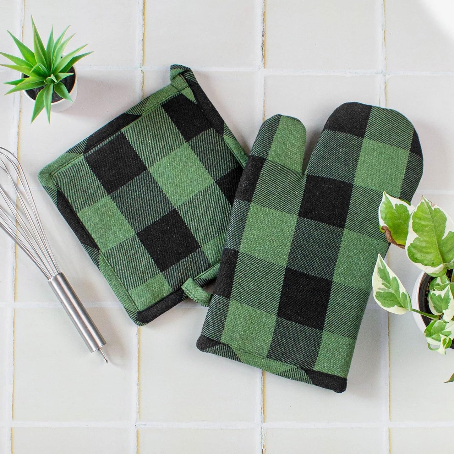 Thick Padded Heat Resistant Oven Glove & Pot Holder Set – Cotton & Microfiber – Mint Green – 18x30cm