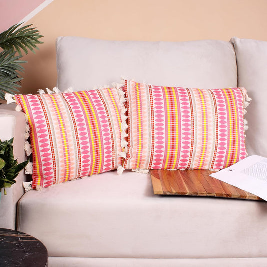Wholesale Geometric Pink Cushion Covers – Woven Fabric, Tassels – 12x18 Inch, Set of 2