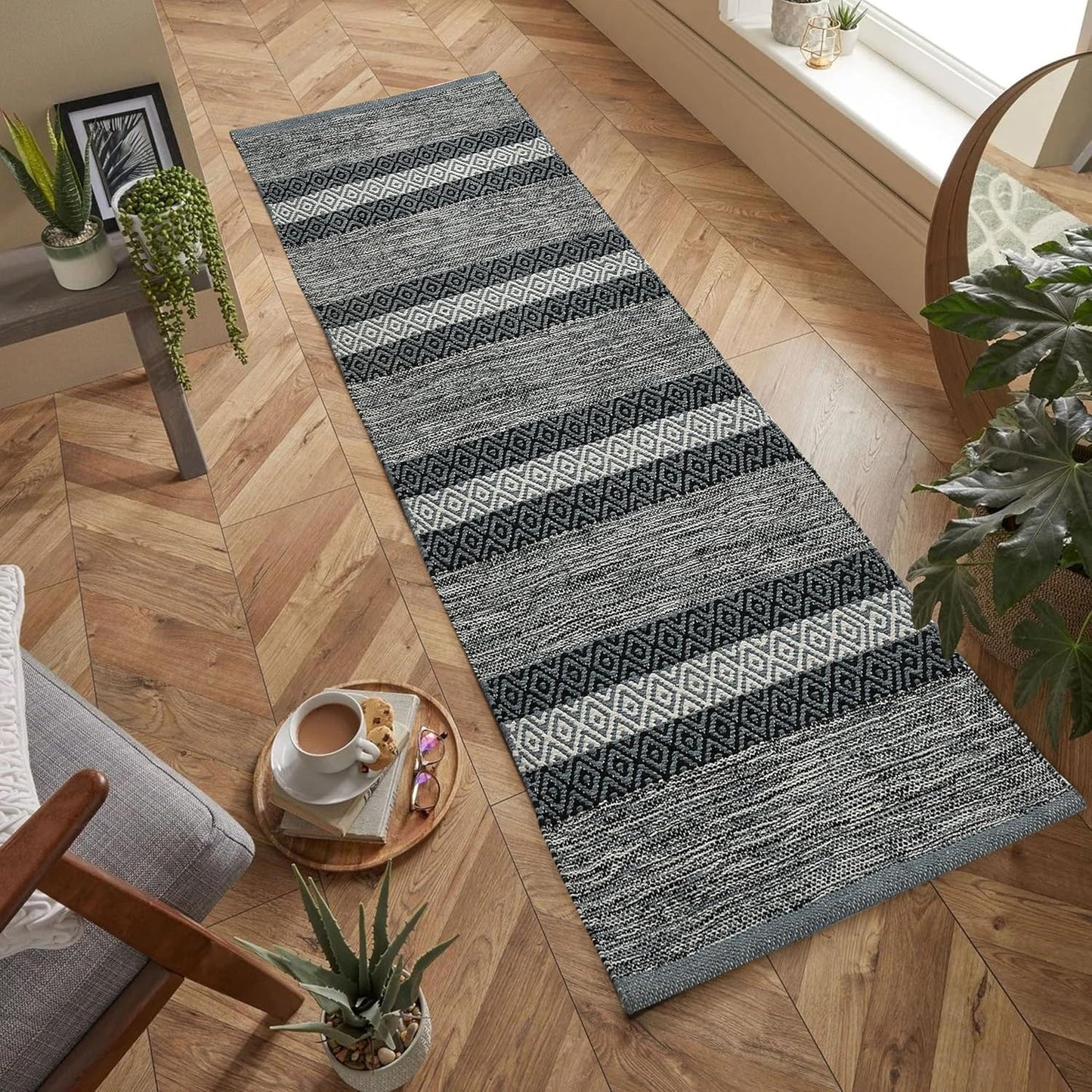Cotton Floor Runner – Hand Woven Organic – 2x5 ft (60x152 cm) – Grey Diamond Pattern