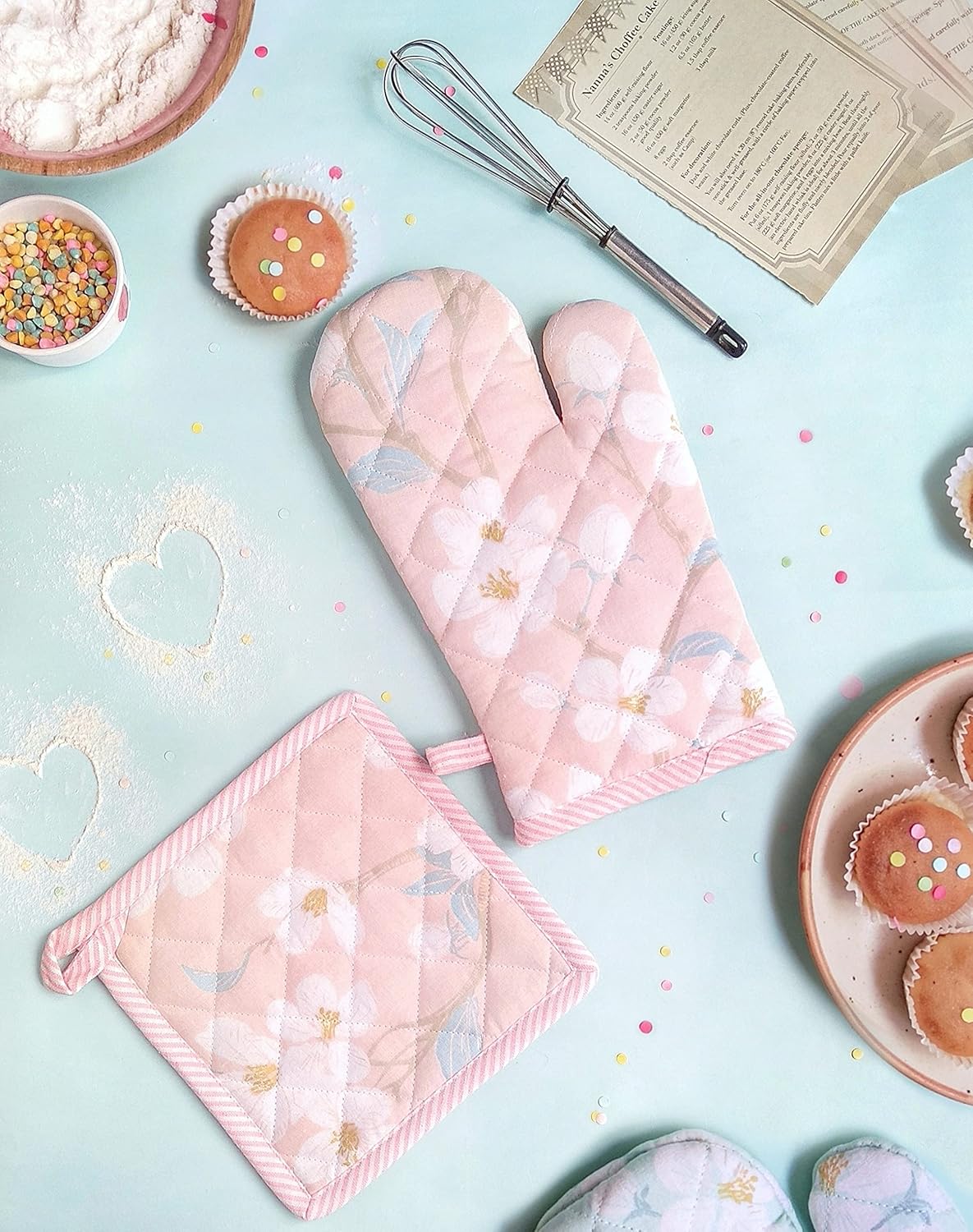 Cherry Blossom Print Oven Mitt & Pot Holder Set – Kitchen Linen – 100% Cotton – 2-Piece Mixed Size Pack