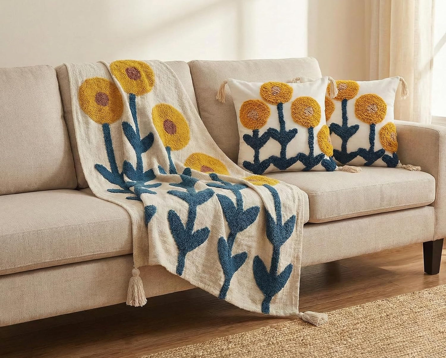 Hand-Tufted Decor Set – Sofa Throw & Cushion Covers – Premium Cotton – 50x60" & 2x 16x16"