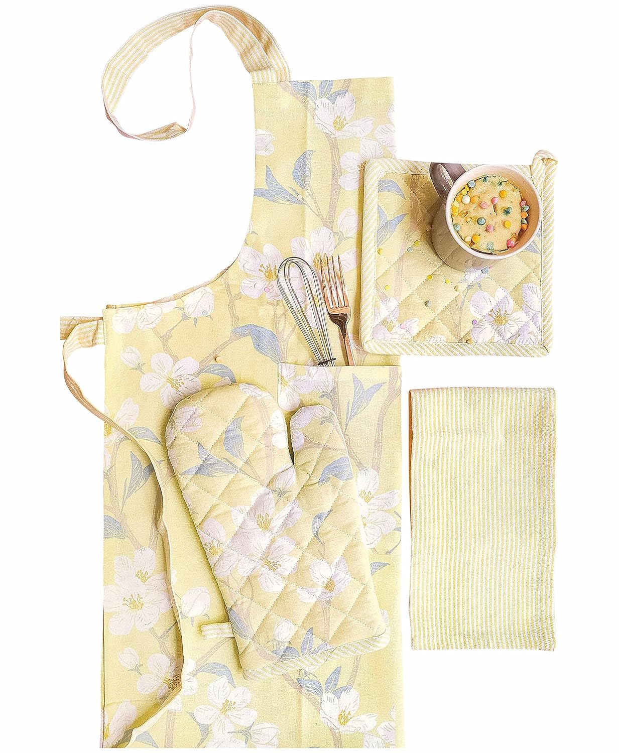 Printed Apron, Oven Mitt, Pot Holder & Kitchen Towel Set – 100% Cotton – Cherry Blossom Print – 4-Piece