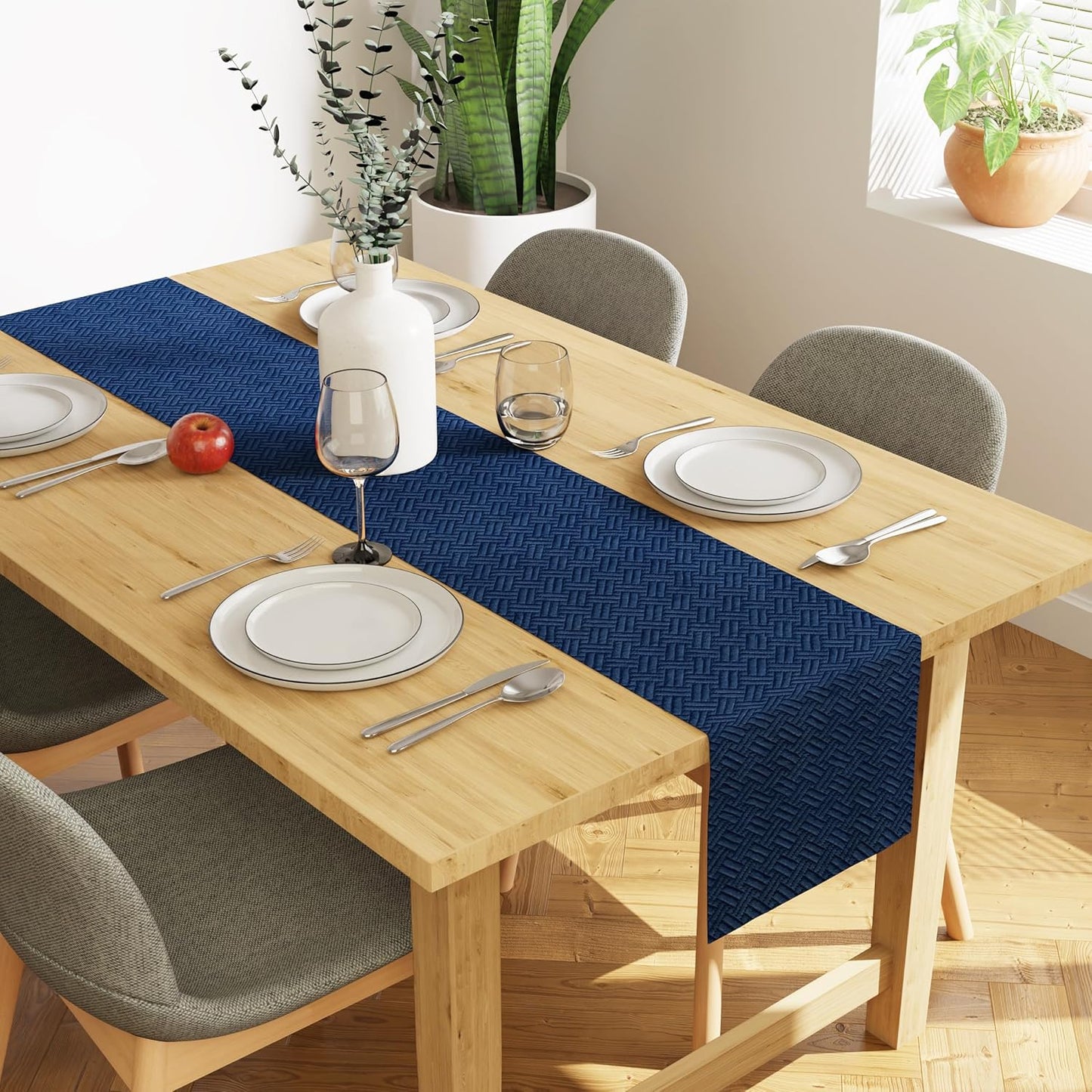Dining Table Runner – Navy Quilted Velvet, 360 GSM – 32x150 cm, Machine Washable