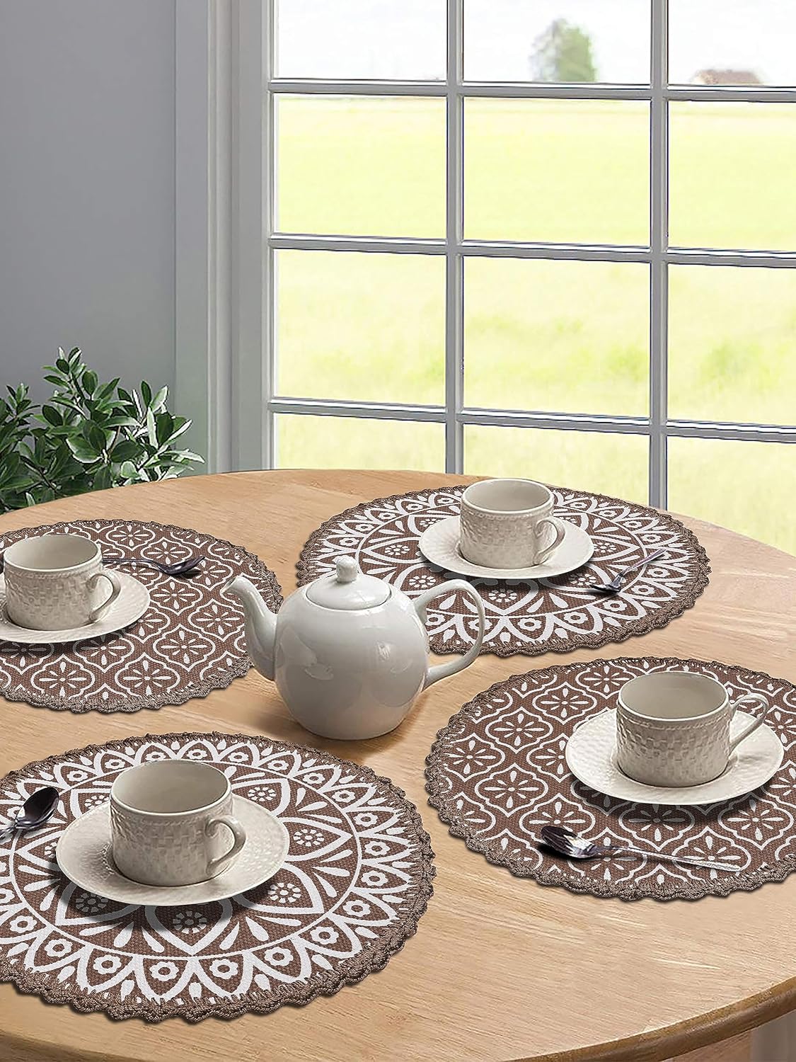 Placemats – Jute & Cotton Crochet Antiskid – Round 38cm, Set of 4