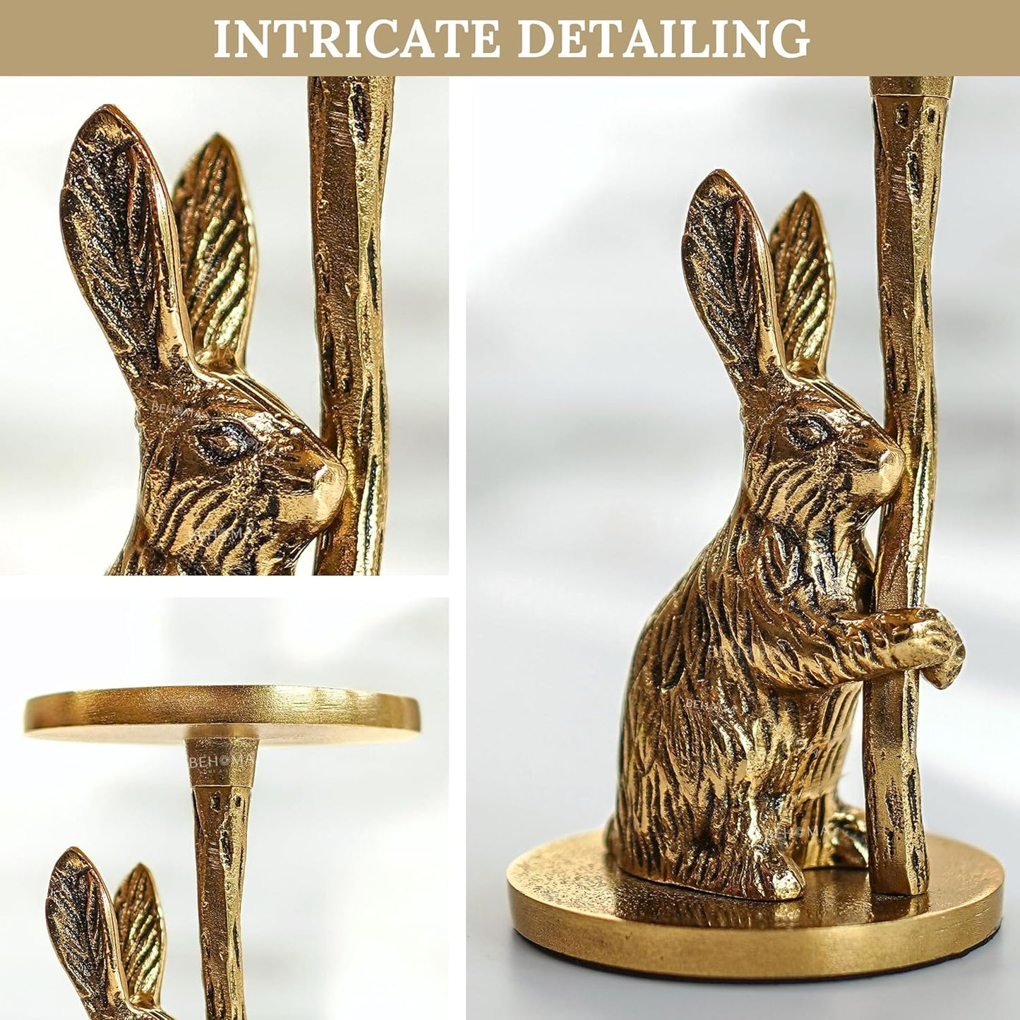 Pillar Candle Holder – Aluminium Rabbit Figurine – Gold Finish, 16cm
