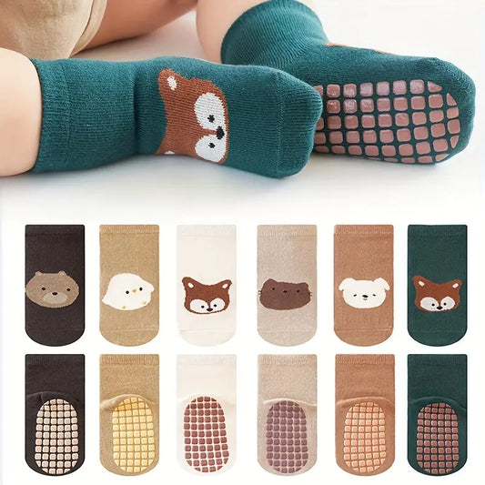 6 Pairs Non-Slip Toddler Floor Socks | Cute Cotton Anti-Skid Socks for Boys & Girls