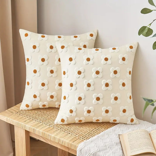 Floral Embroidered Throw Pillow Covers - Yellow Canvas Sofa Decor
