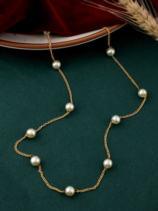 Brass Gold-Plated Chain – Pearl Embellished Necklace – Gold-Plated Brass – 32cm Length