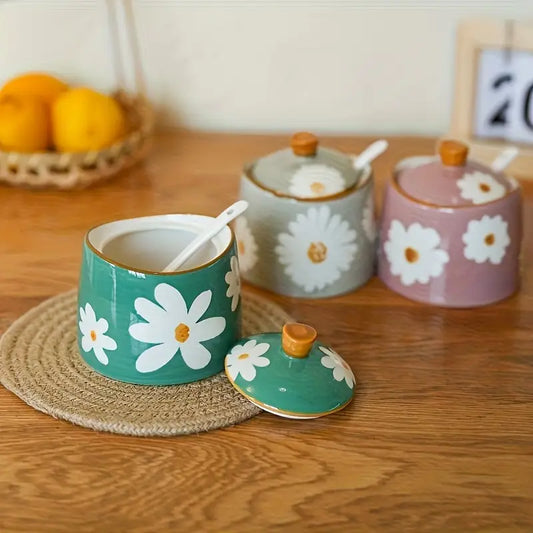 Floral Ceramic Spice Jar - Vintage Seasoning Container with Lid and Spoon